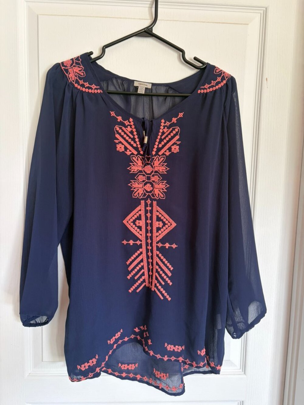 Tristan Navy Embroidered Long sleeves Blouse / bohemian / boho – Size XL